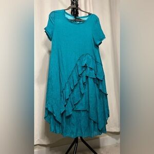 Elegant Teal Asymmetrical Dress with Ruffle Detail
